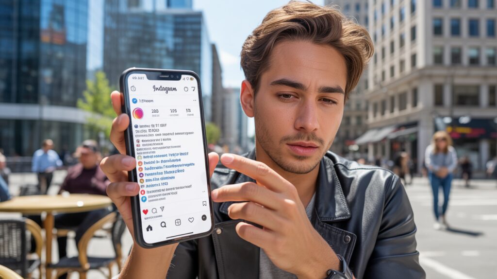 Créateur de contenu analysant des hashtags Instagram sur son smartphone en terrasse dans une scène urbaine réaliste et lumineuse.